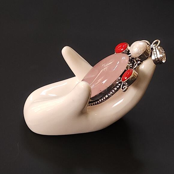 Rose Quartz & Pearl Sterling Silver Pendant Necklace with Red Jasper - Picture 3 of 12